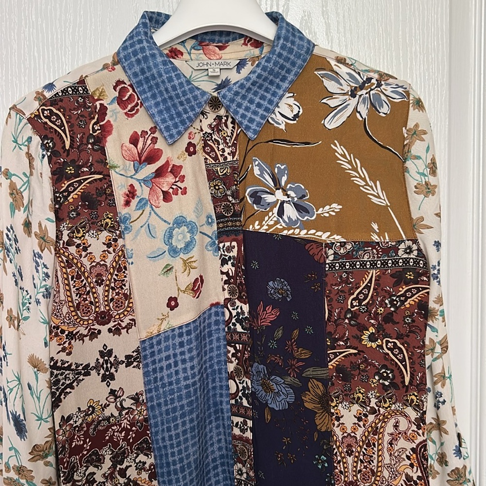 John Mark Multicolor Floral Patchwok rLong Sleeve Button-Up Tunic Shirt Blouse